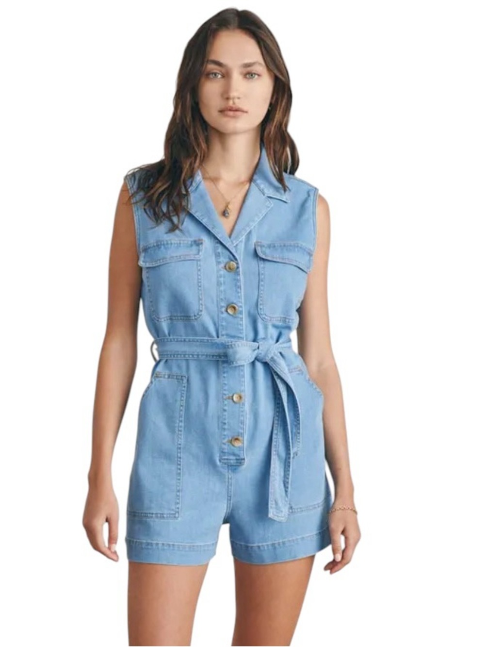 Faherty Denim Utility Romper Jumpsuit Organic Cotton Linen Blend Size 4